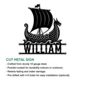 Viking longship cut metal sign shown with a dragon boat design and custom lettering area
