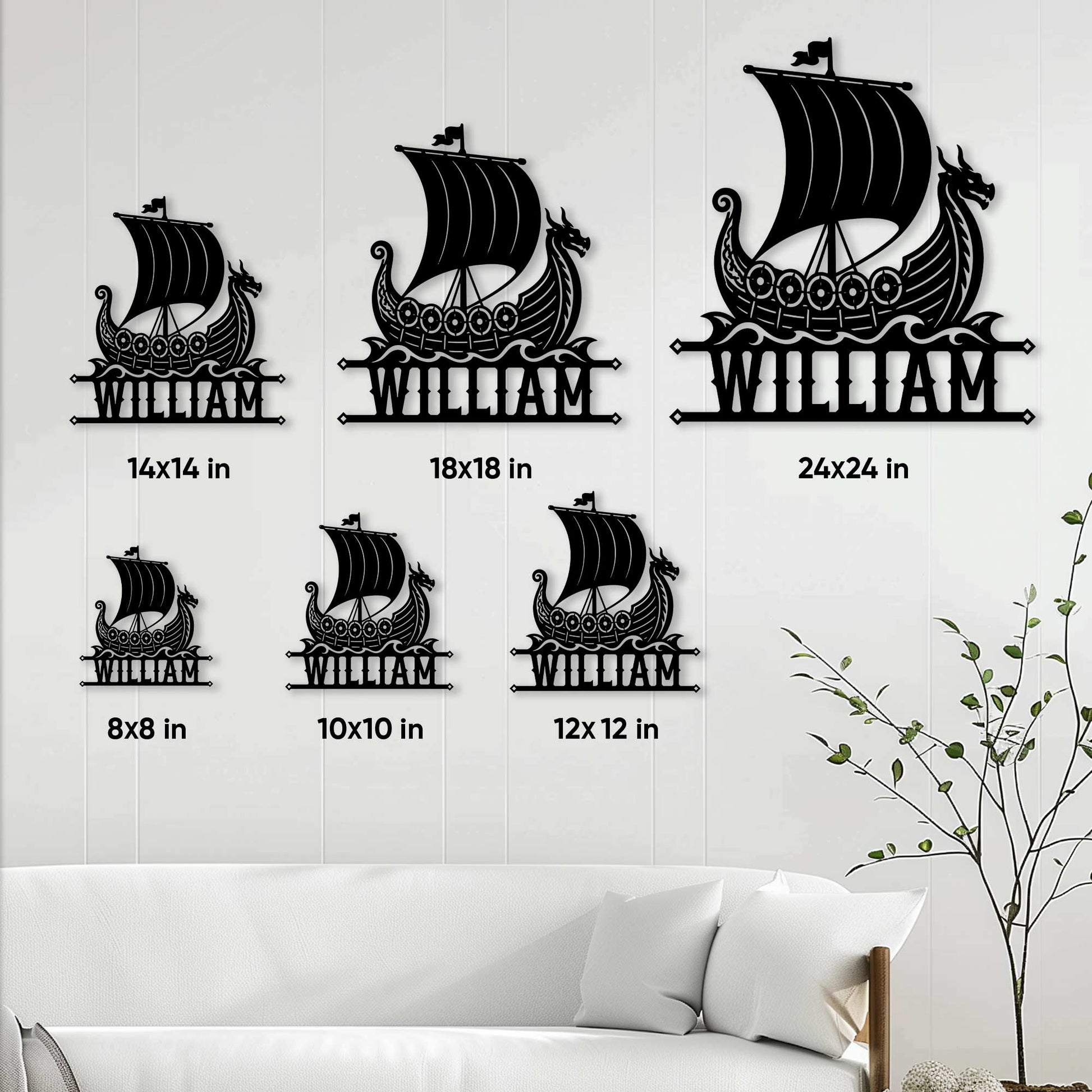 Viking longship metal sign size guide showing six available square size options