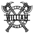 Custom Viking metal sign featuring crossed battle axes, Norse knotwork, and a circular rune-inspired frame.