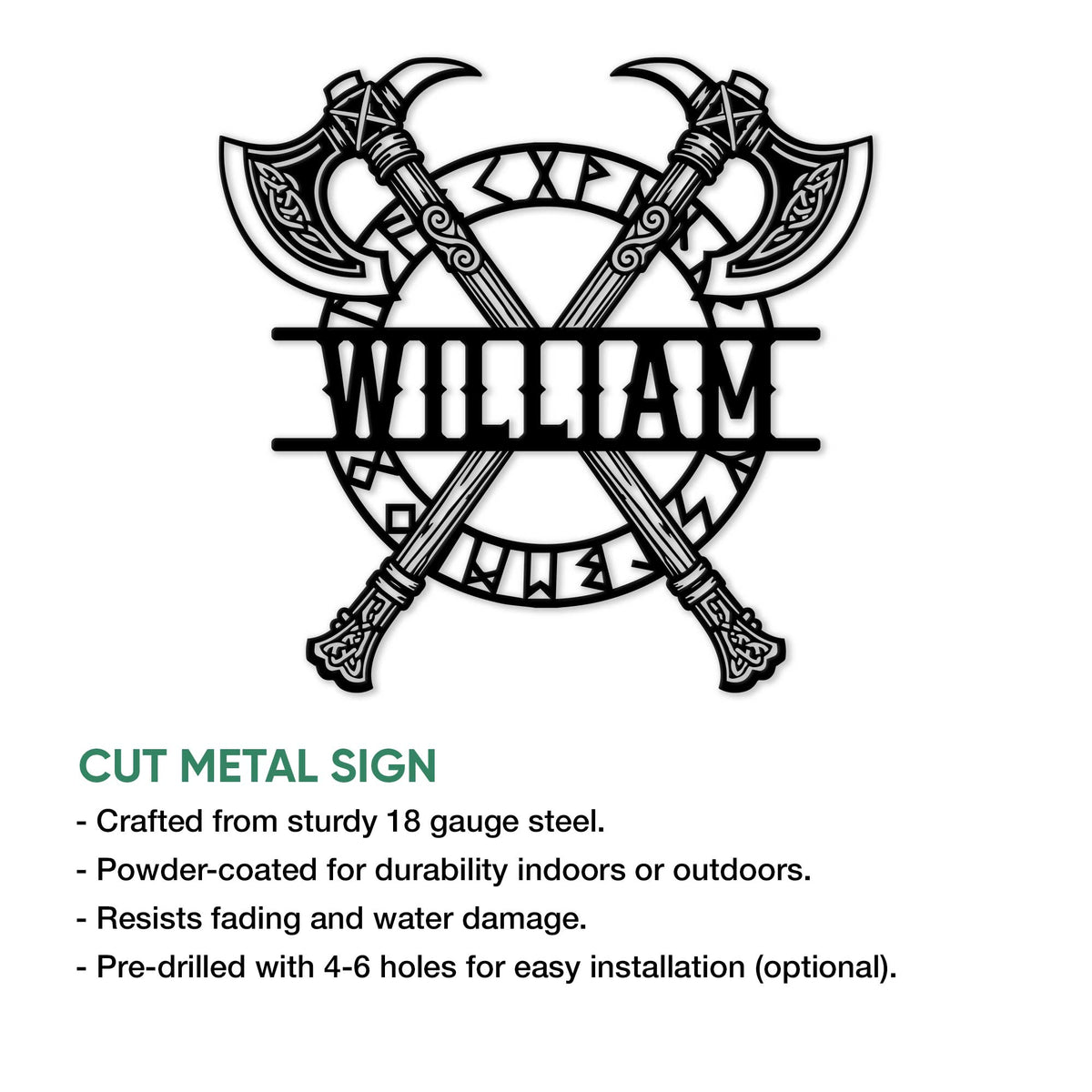 Viking axe wall sign shown with its cut-metal silhouette and custom center lettering area.