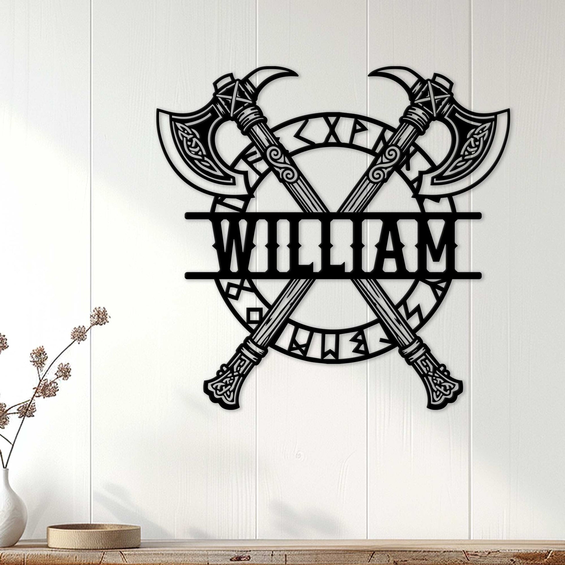 Custom Viking axe sign displayed as Norse-inspired wall decor in a bright home interior.