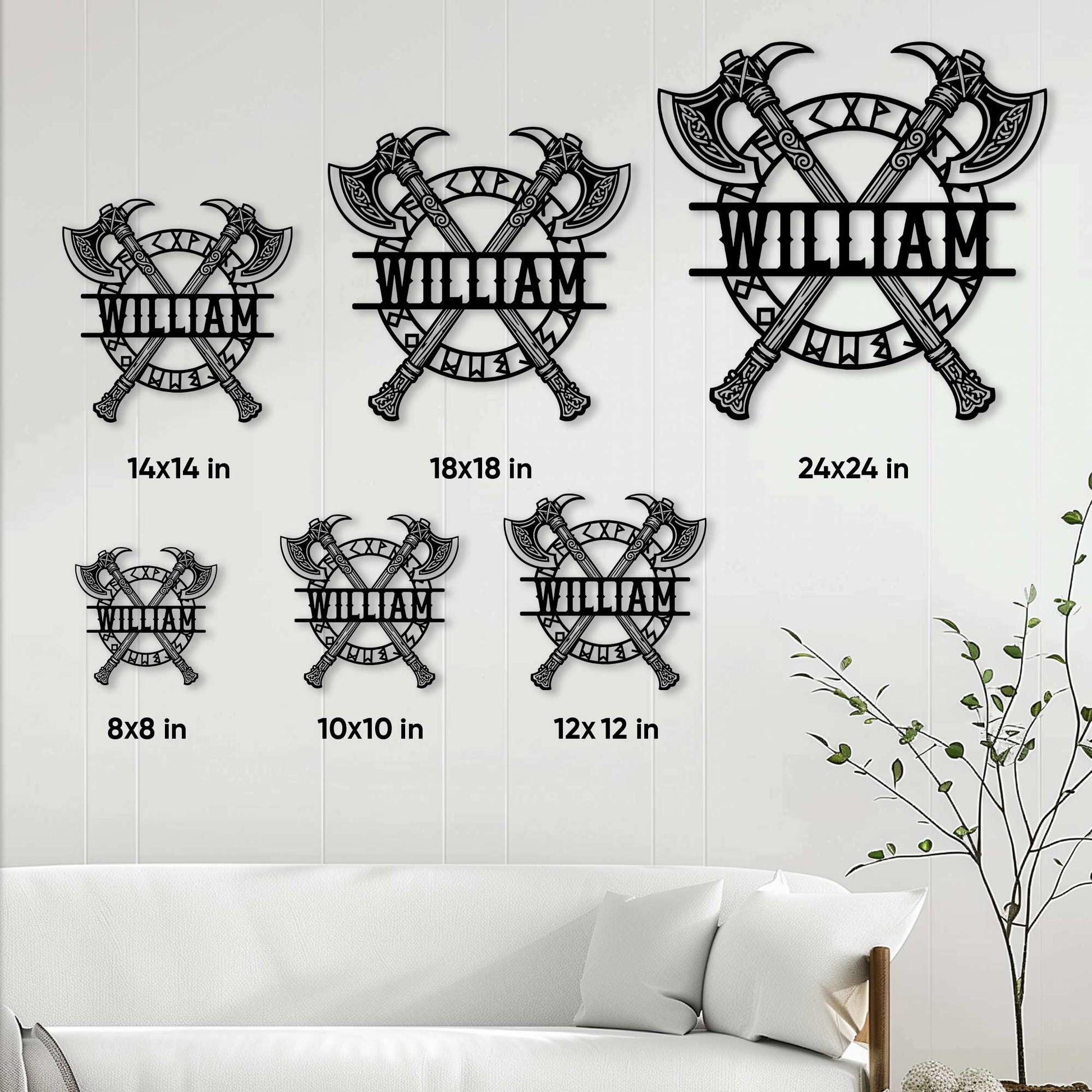 Viking axe metal sign size guide showing available square sizes from 8x8 to 24x24 inches.