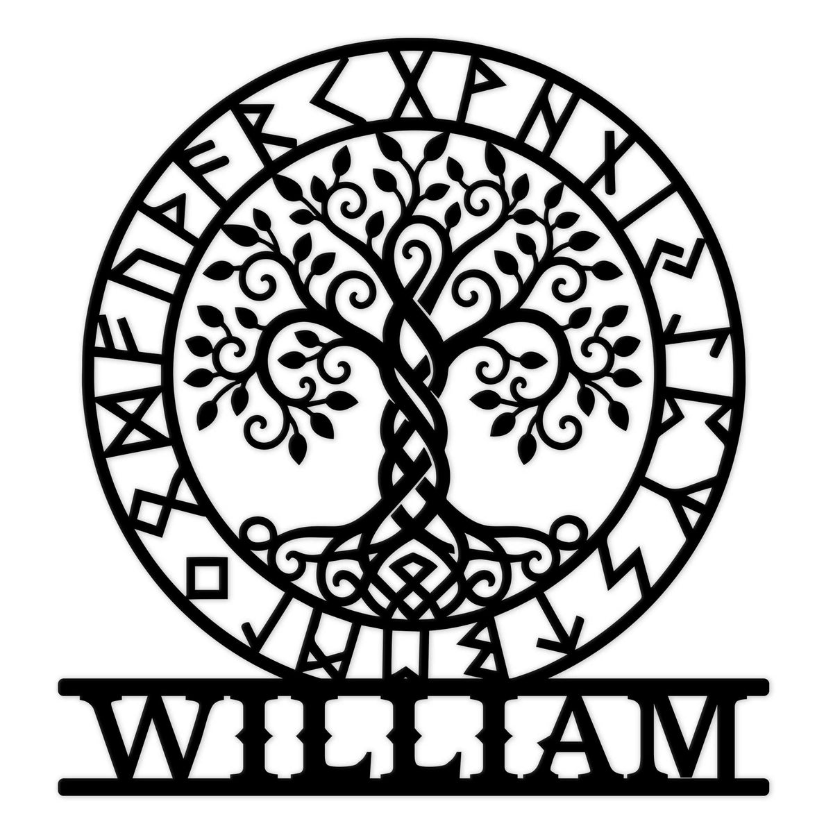 Custom Viking Tree of Life metal sign with a Norse rune circle and intricate Celtic-inspired branches
