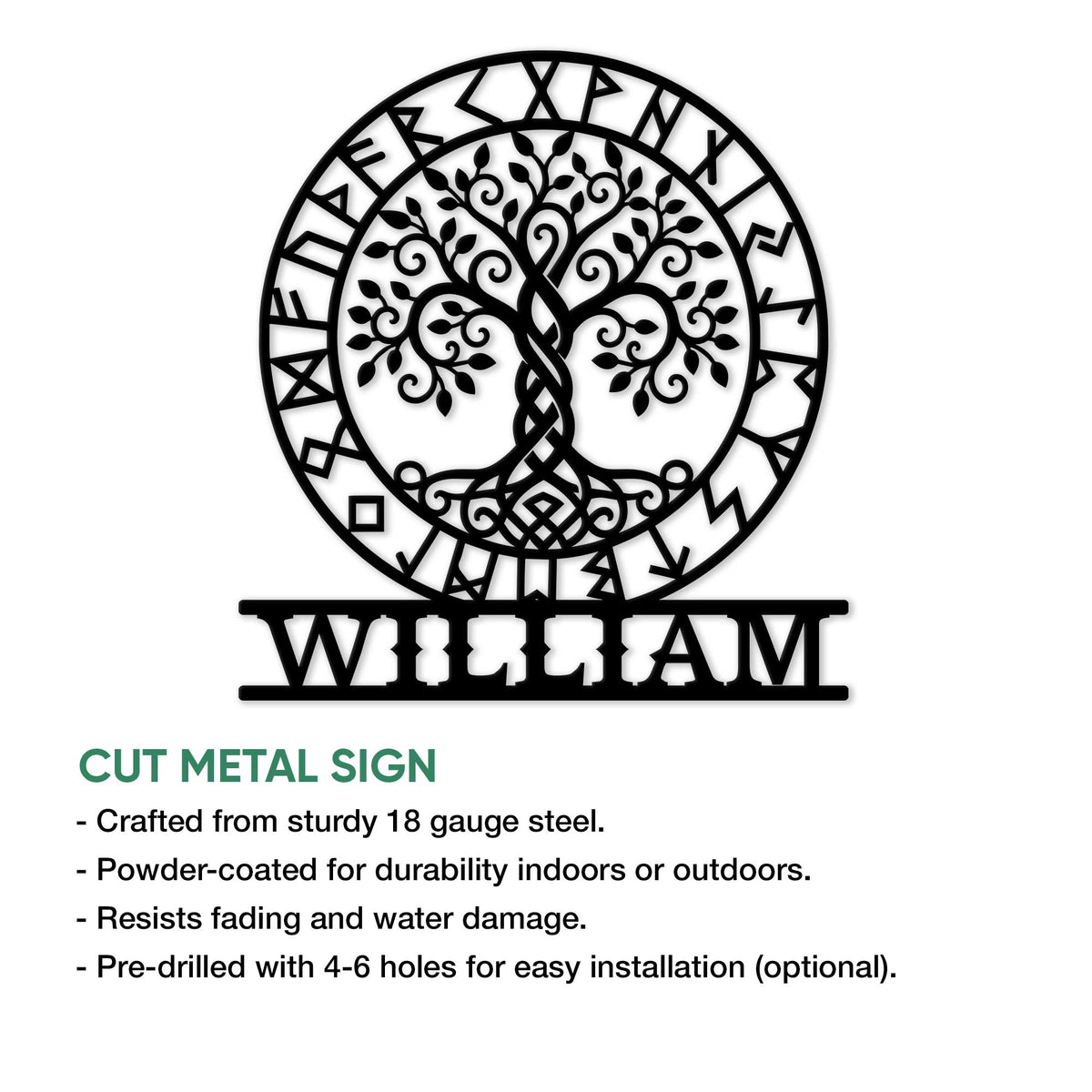 Viking Tree of Life cut metal sign shown with its detailed runic border and decorative branching design