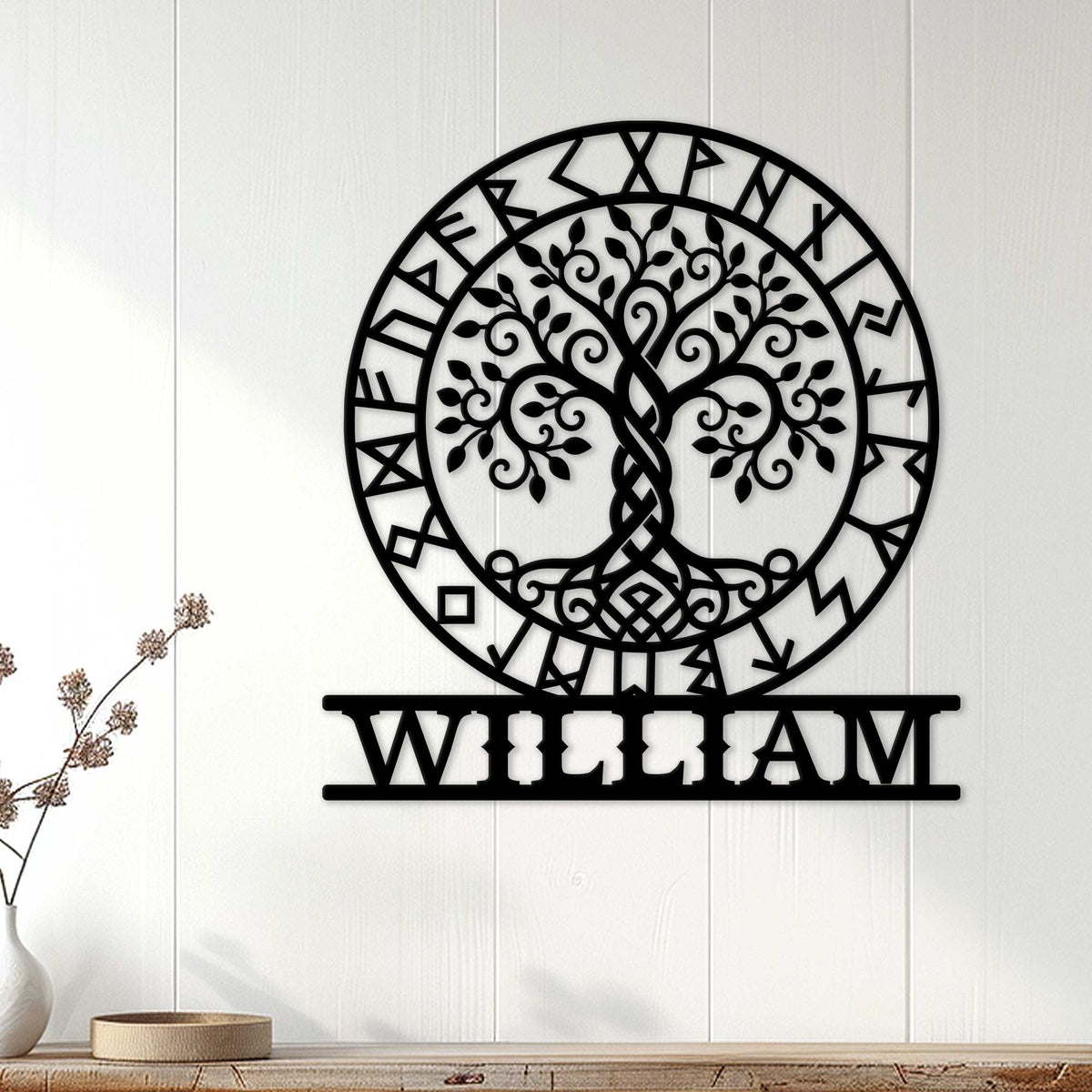 Norse Tree of Life metal wall sign displayed on a light wood-paneled wall in a home decor setting