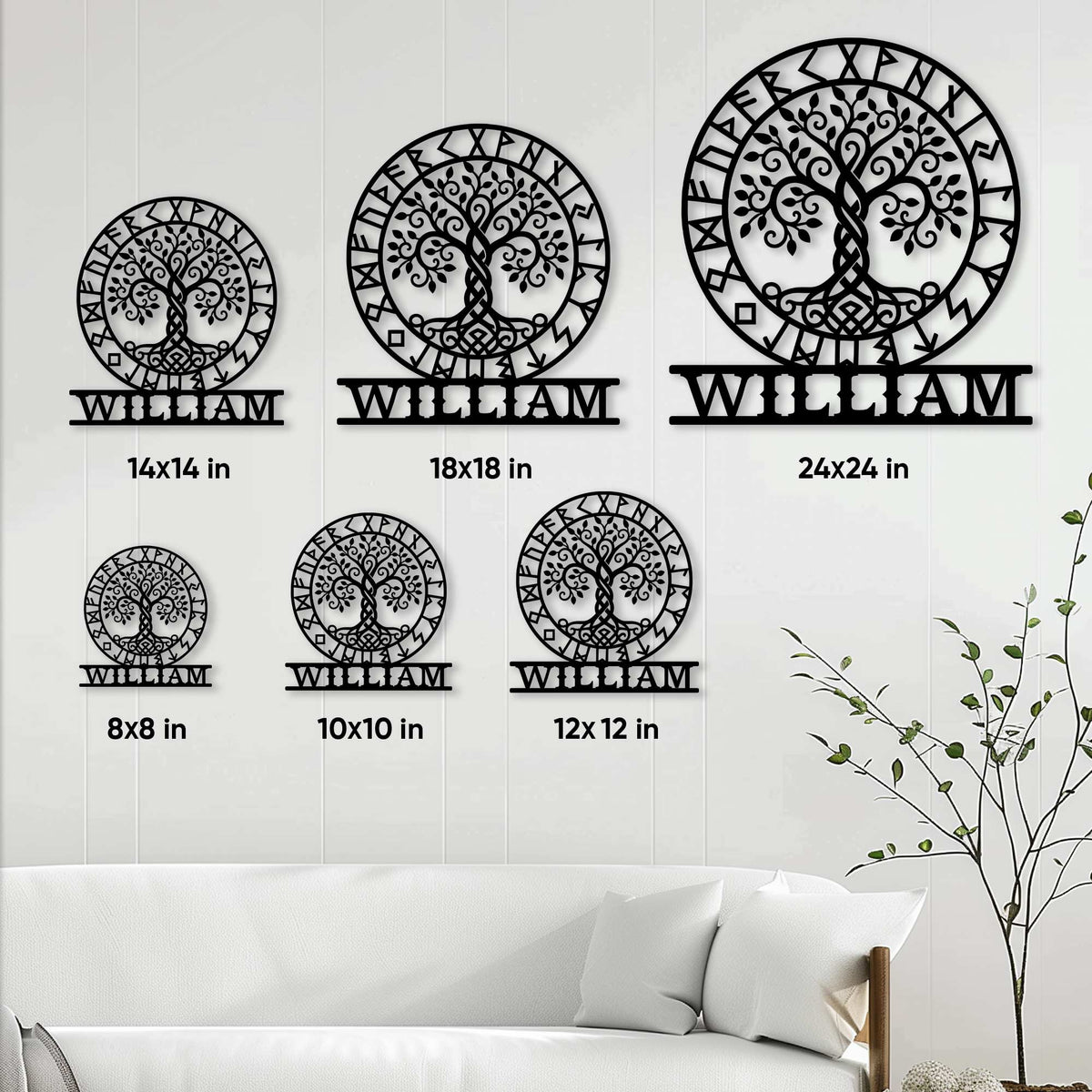 Viking Tree of Life metal sign size guide showing available options from 8 by 8 to 24 by 24 inches