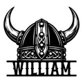 Custom Viking metal sign featuring a bold horned helmet, Norse knotwork, and space for a personal design