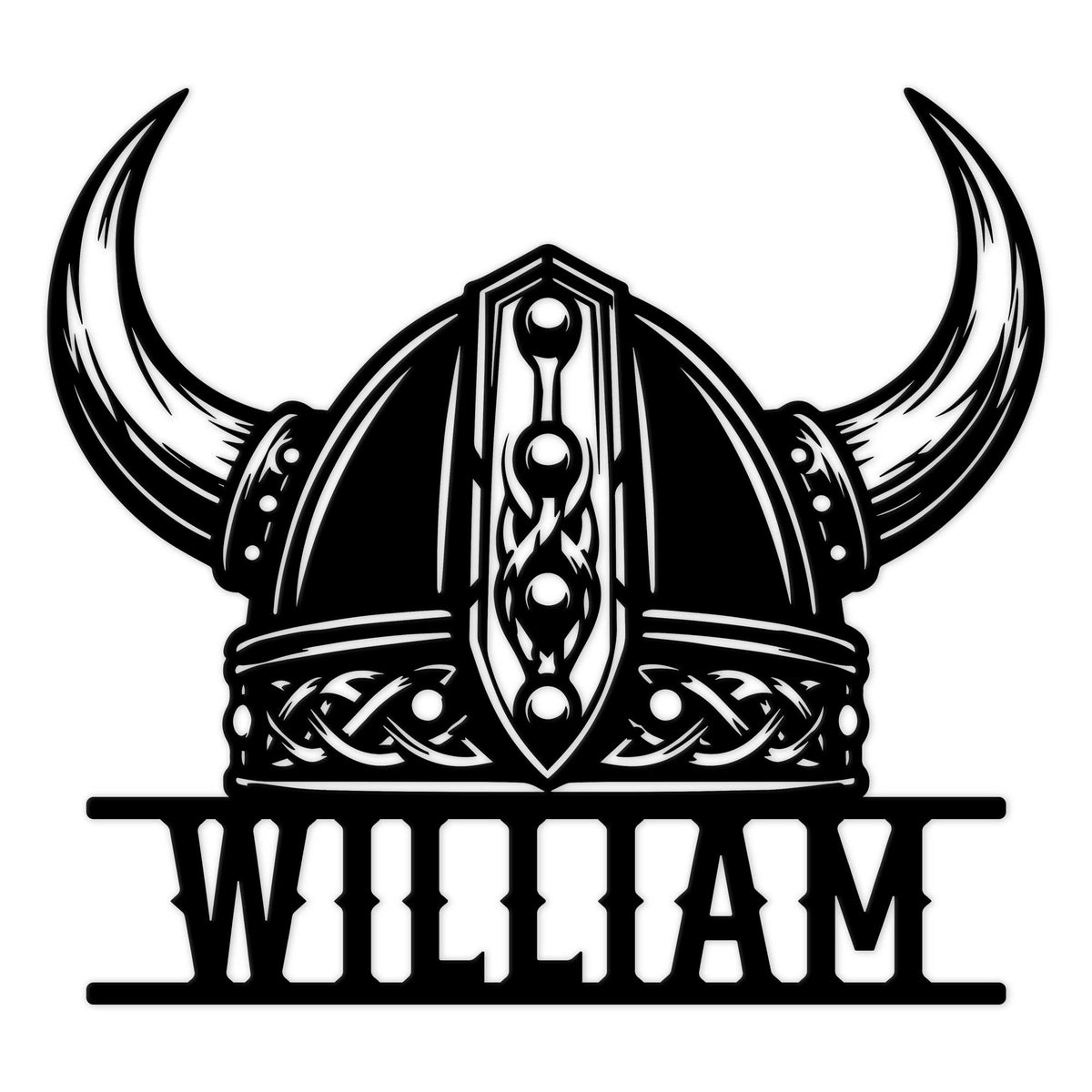 Custom Viking metal sign featuring a bold horned helmet, Norse knotwork, and space for a personal design