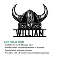 Viking horned helmet cut metal sign shown with product feature details and a custom lower lettering area