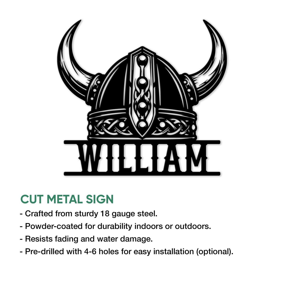 Viking horned helmet cut metal sign shown with product feature details and a custom lower lettering area