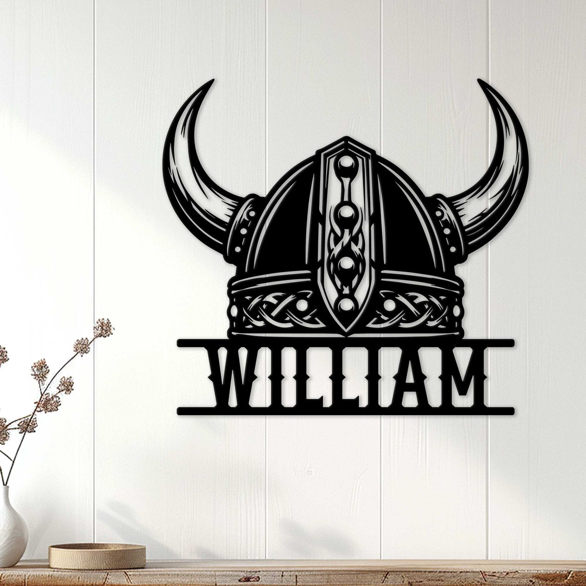 Custom Norse helmet metal wall sign displayed on a light paneled wall as Viking-inspired home decor