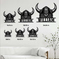 Viking helmet metal sign shown in six size options on a paneled wall above a sofa