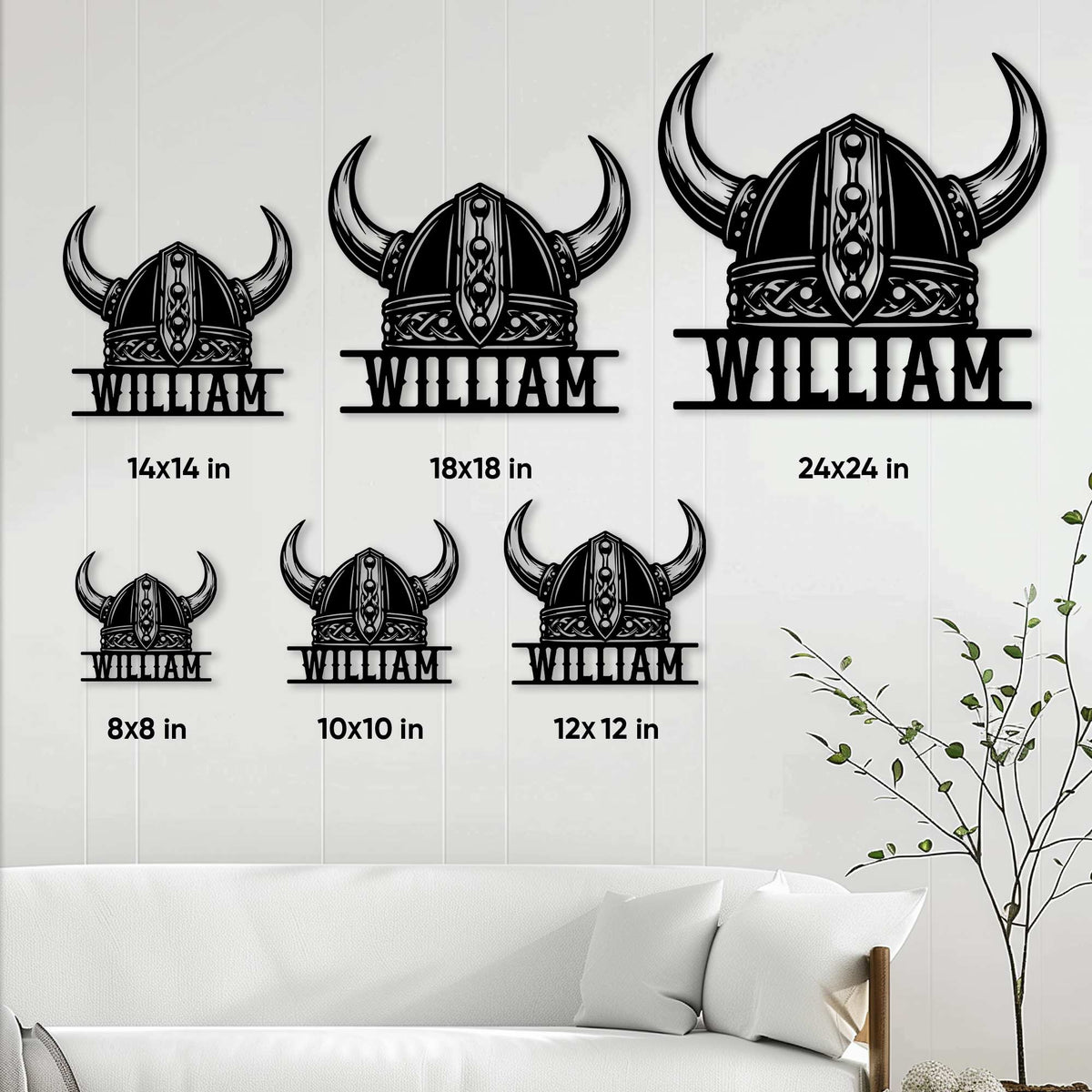 Viking helmet metal sign shown in six size options on a paneled wall above a sofa