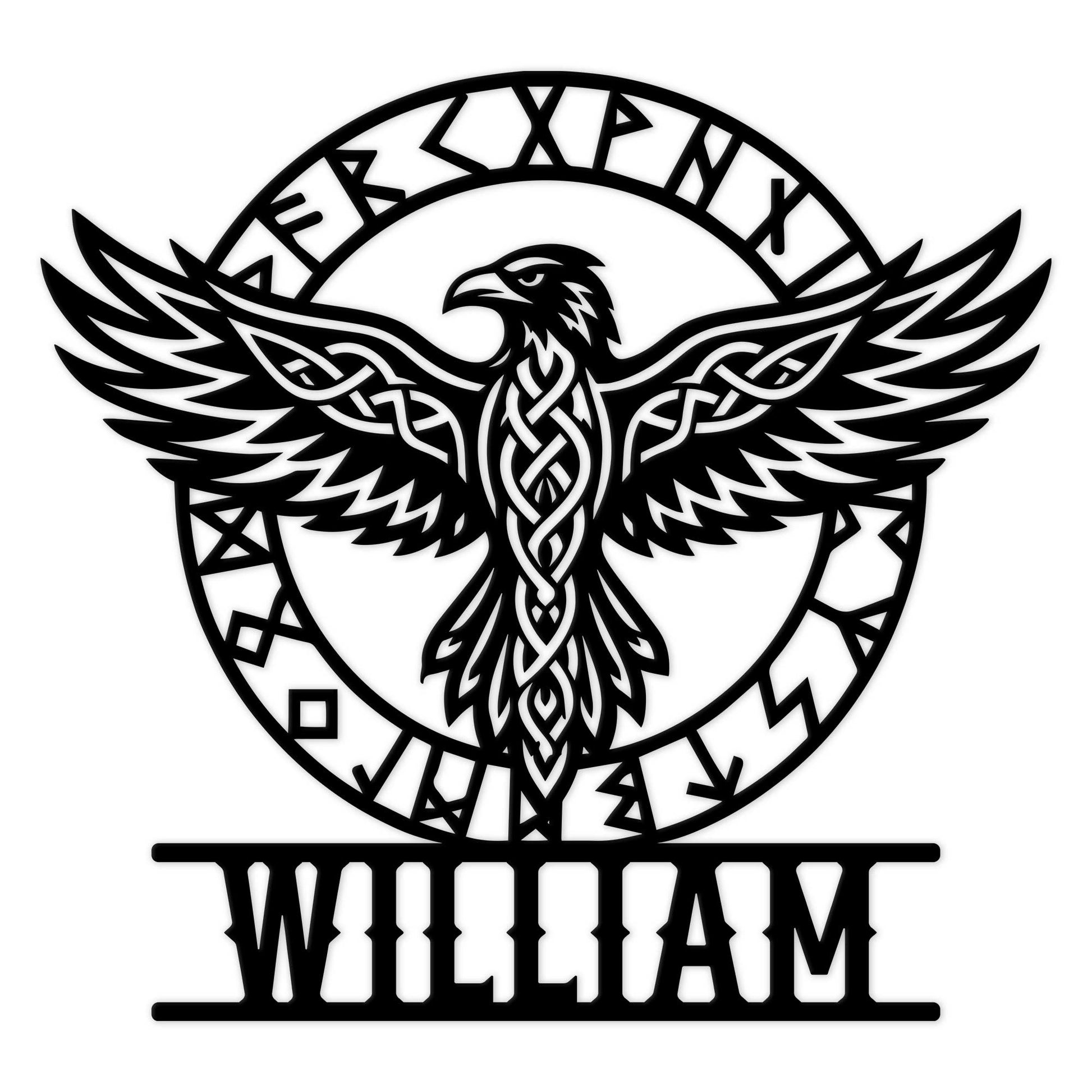 Custom Viking eagle metal sign with a Norse runic circle and bold knotwork design