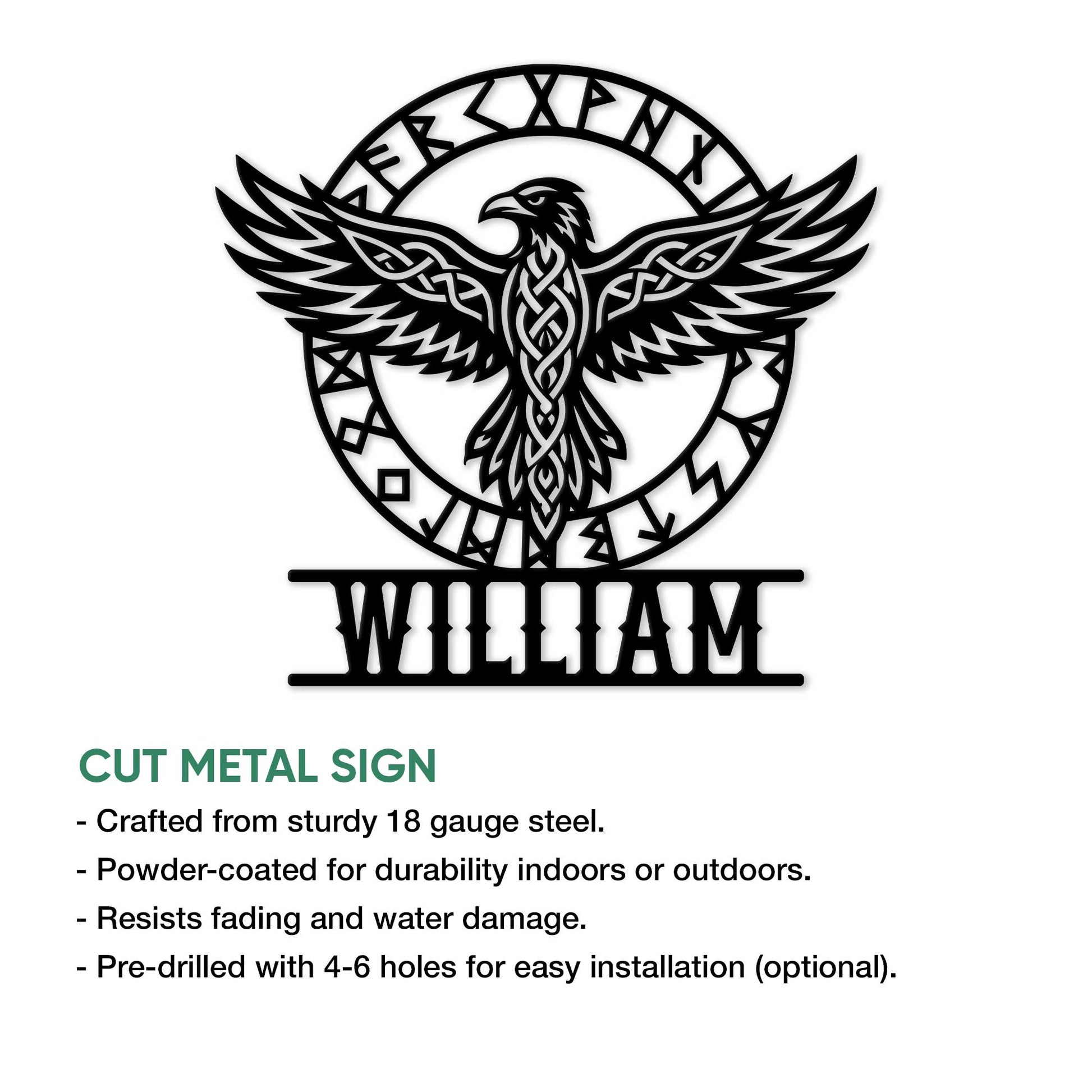 Viking eagle cut metal sign with Norse runes, decorative knotwork, and custom design space