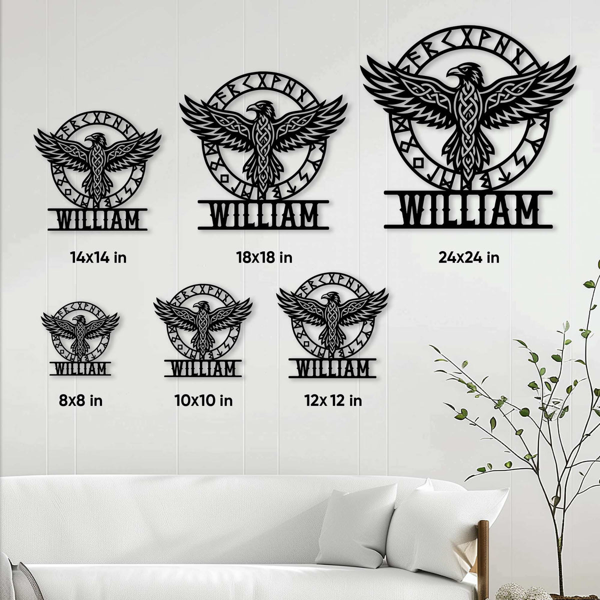 Viking eagle metal sign size guide showing six available square size options