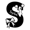 Cheerleader metal sign featuring a jumping cheerleader silhouette, pom-poms, bow, and bold curved letter design