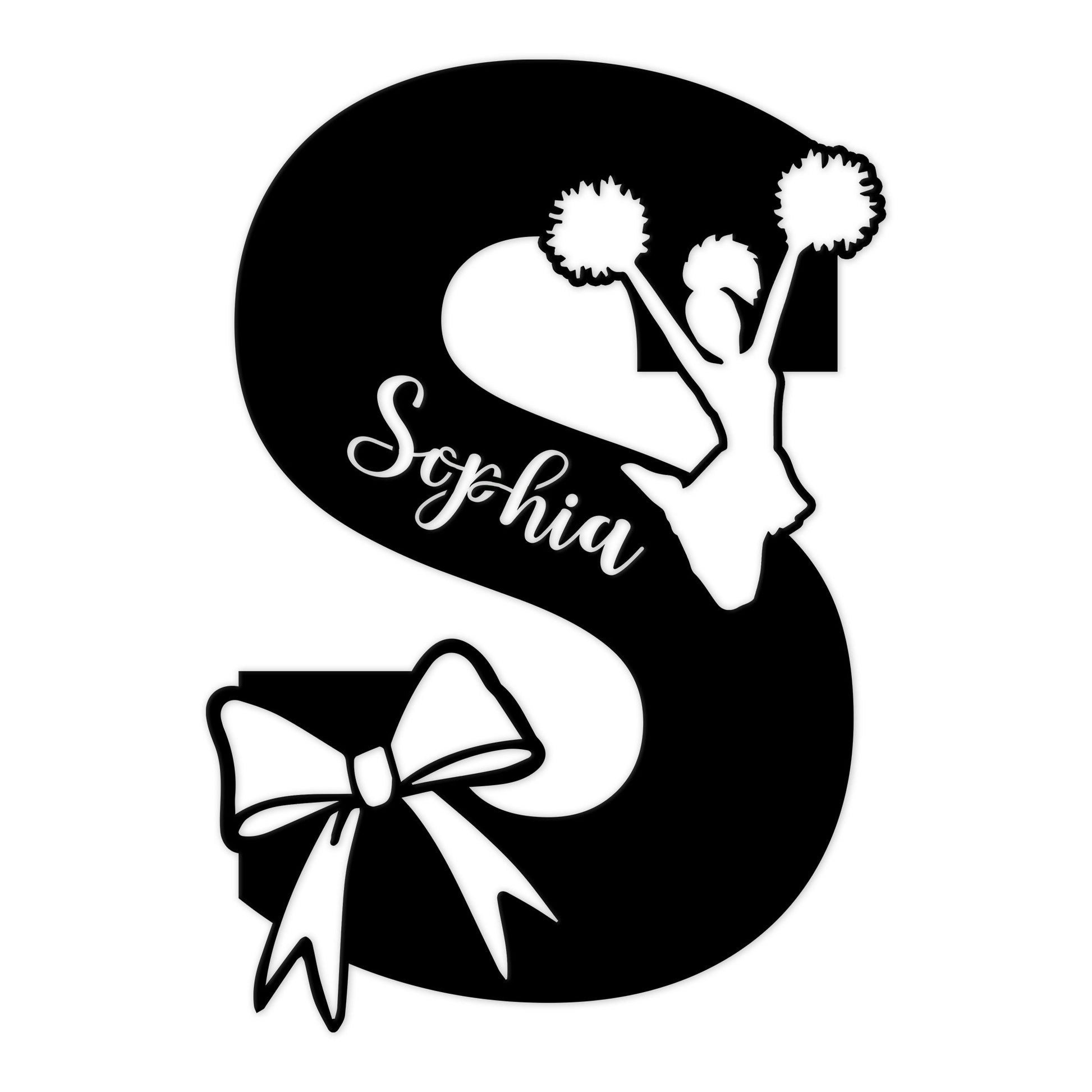 Cheerleader metal sign featuring a jumping cheerleader silhouette, pom-poms, bow, and bold curved letter design
