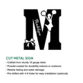 Cut metal cheerleading sign shown in a monogram-style letter with a cheerleader silhouette, pom-poms, and bow