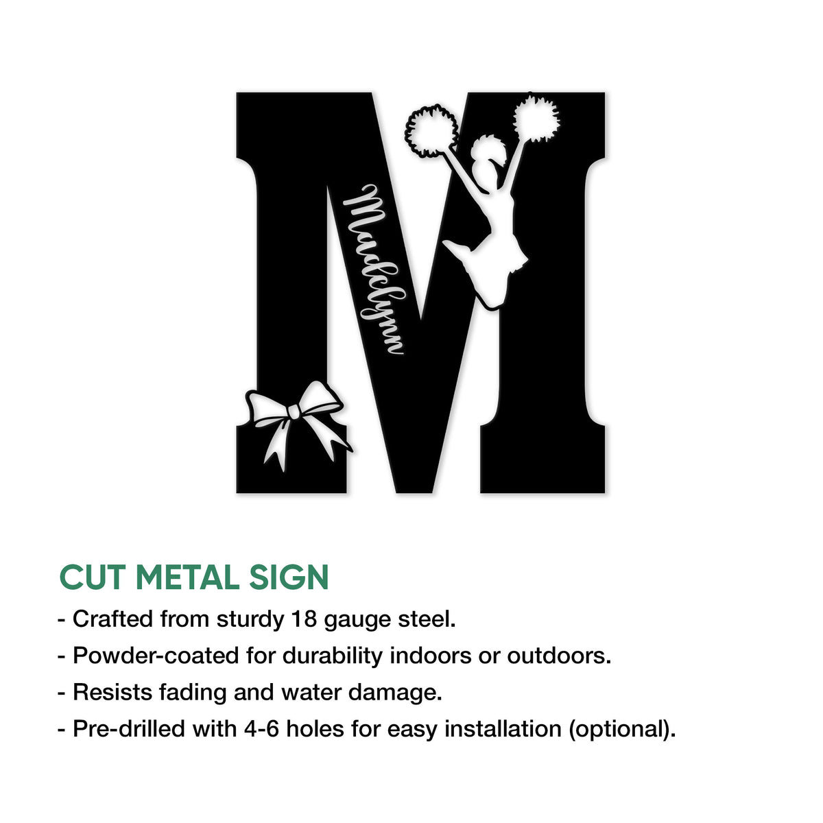Cut metal cheerleading sign shown in a monogram-style letter with a cheerleader silhouette, pom-poms, and bow