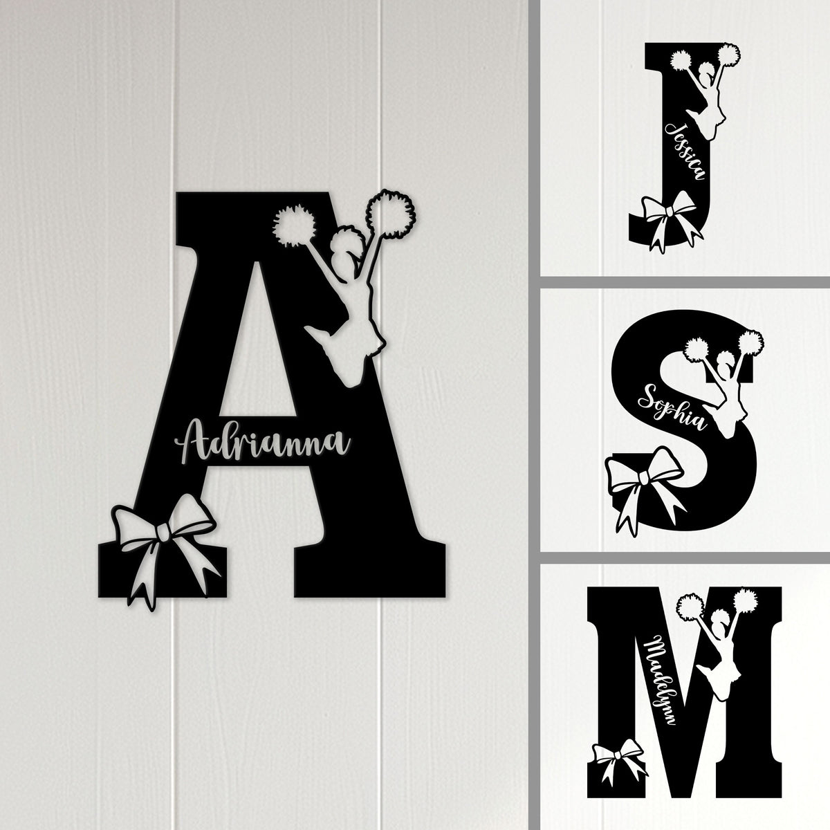 Cheerleader wall sign displayed with several bold letter designs featuring a jumping cheerleader silhouette
