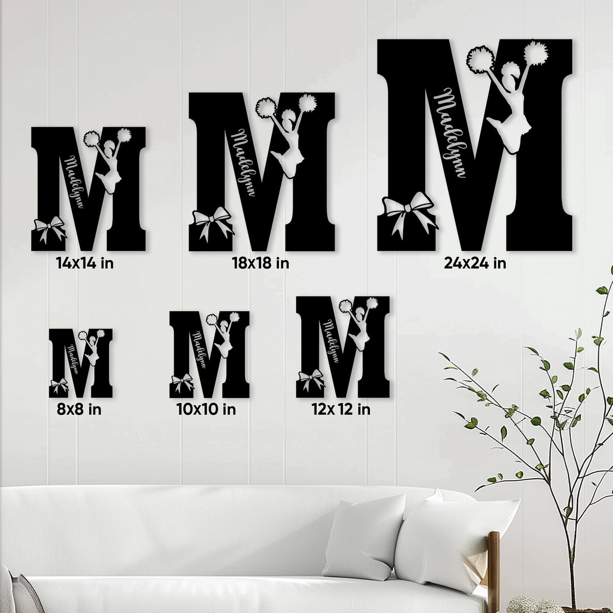 Cheerleading metal sign size guide showing multiple square size options in a bright living room setting