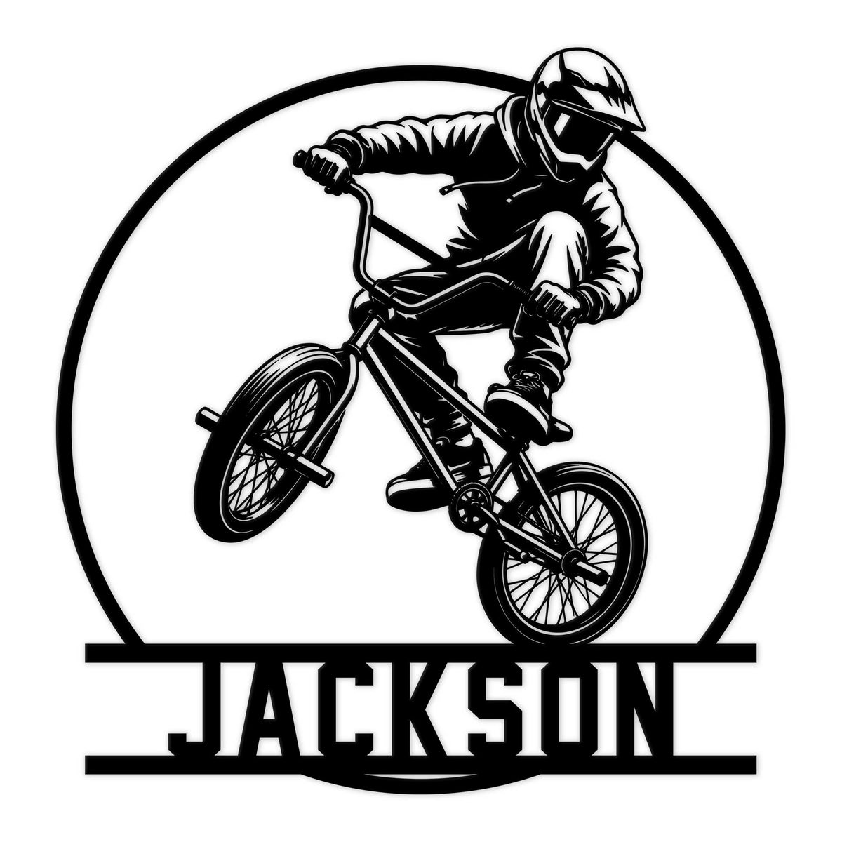 Black-and-white BMX rider performing a trick inside a circular frame on a custom metal sign