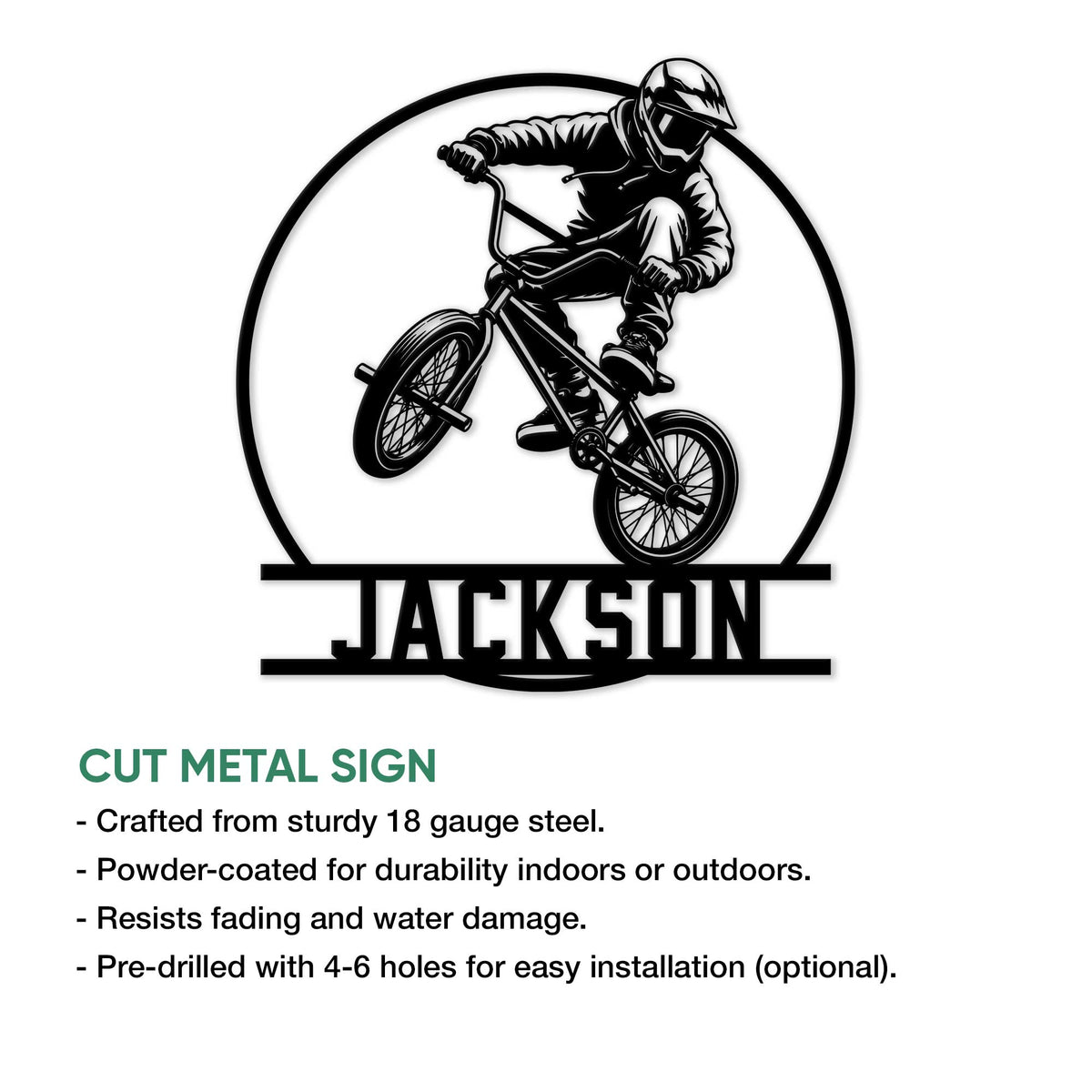 BMX rider metal sign design shown with a cut-metal product feature guide