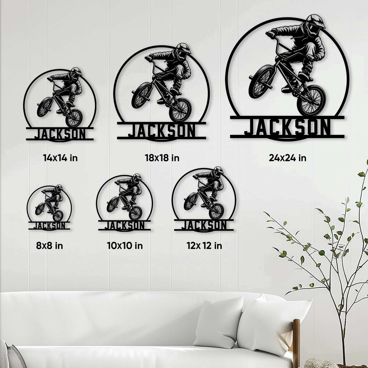 BMX rider metal sign shown in multiple size options as a wall decor display guide