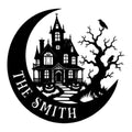 Halloween metal sign featuring a haunted house, crescent moon, pumpkins, ravens, and twisted trees