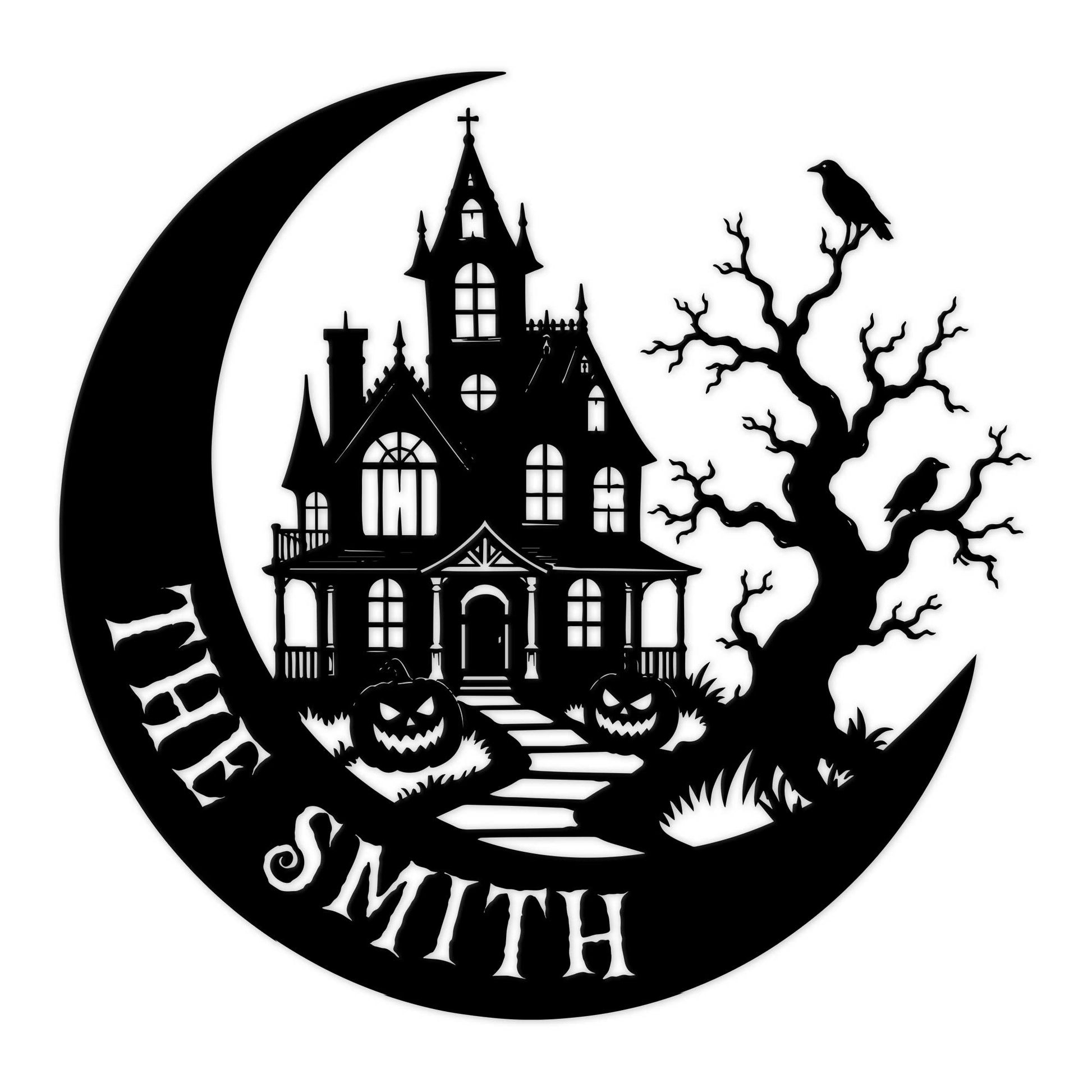 Halloween metal sign featuring a haunted house, crescent moon, pumpkins, ravens, and twisted trees