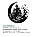 Haunted house Halloween metal sign shown with a cut-metal sign feature and product information