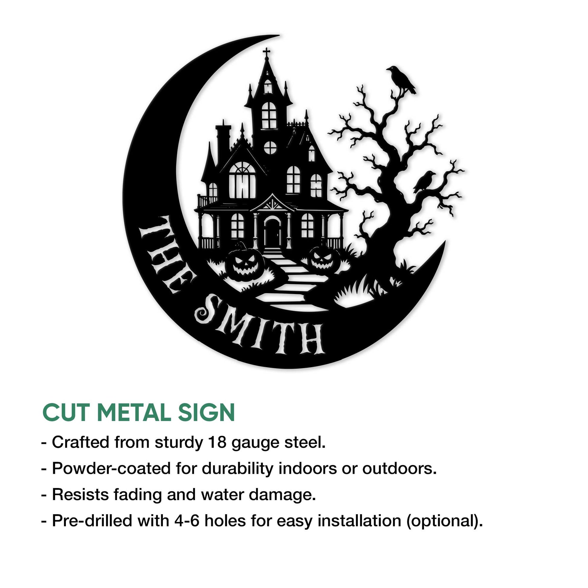 Haunted house Halloween metal sign shown with a cut-metal sign feature and product information