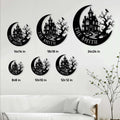Halloween haunted house metal sign shown in multiple size options above a living room sofa