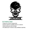 Cut metal skull sign shown with product feature details for indoor or outdoor display