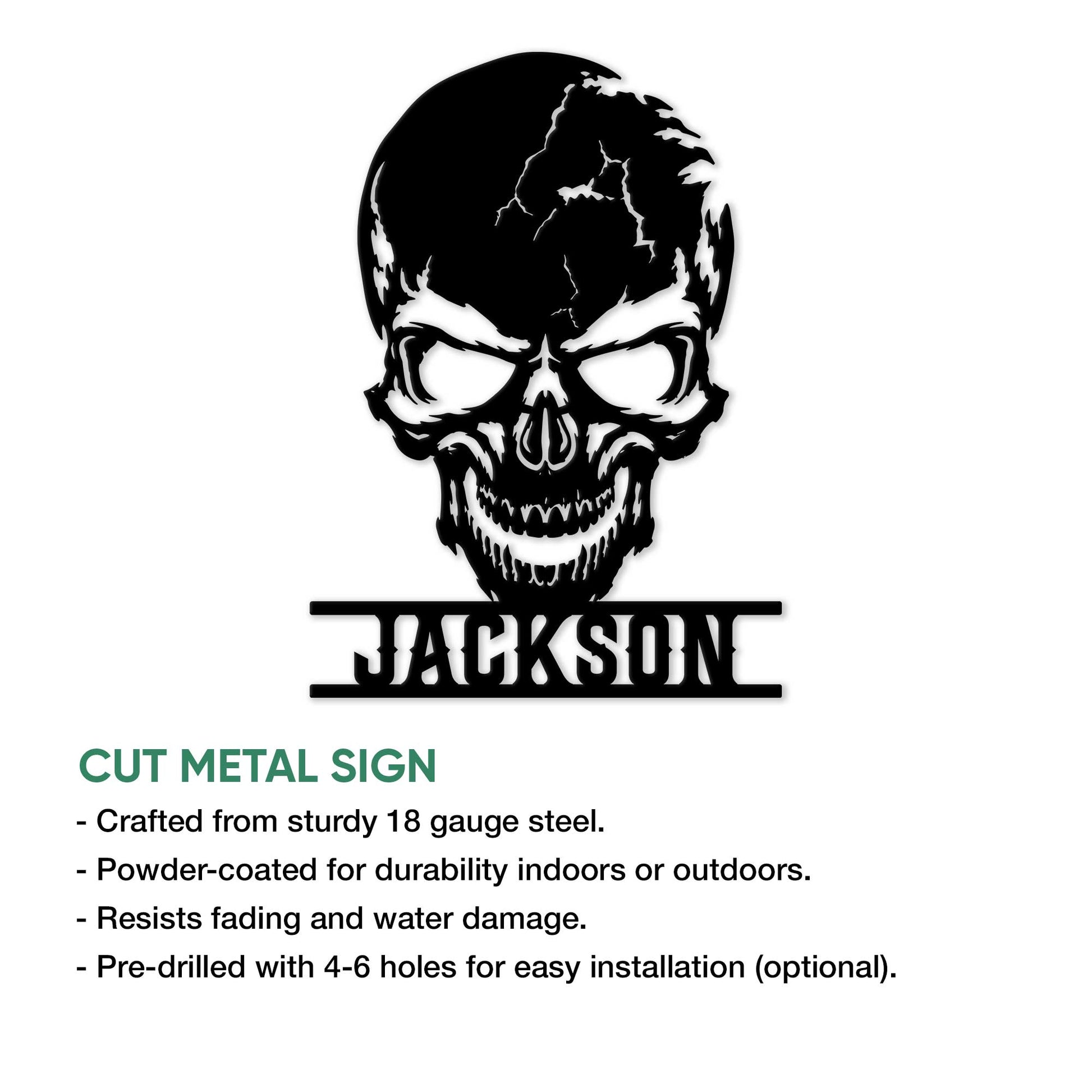 Cut metal skull sign shown with product feature details for indoor or outdoor display