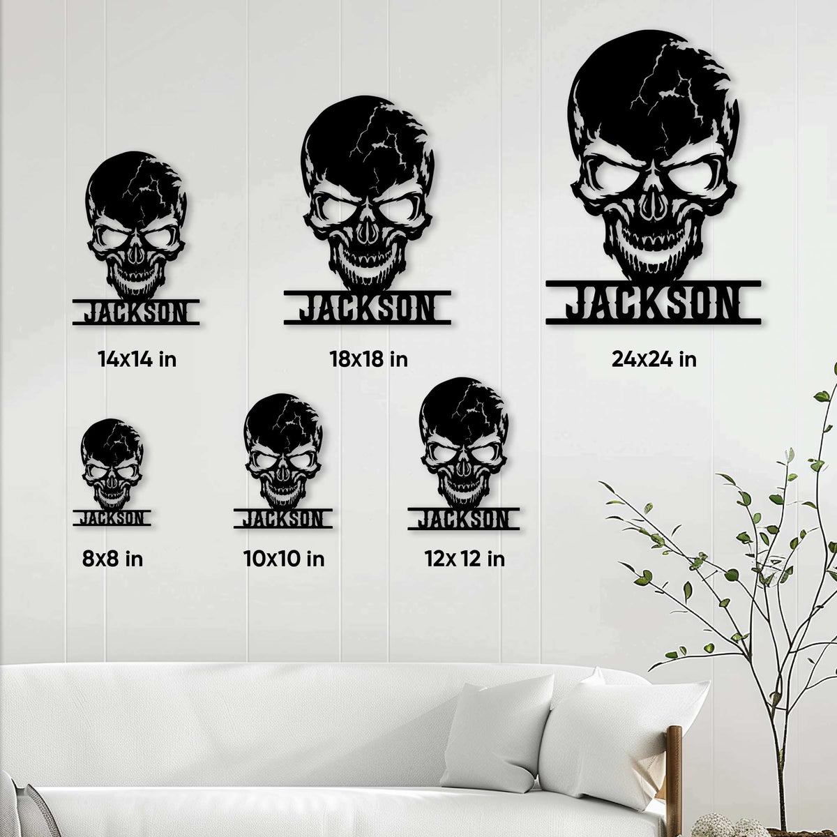Skull metal sign displayed in multiple size options ranging from 8 by 8 to 24 by 24 inches
