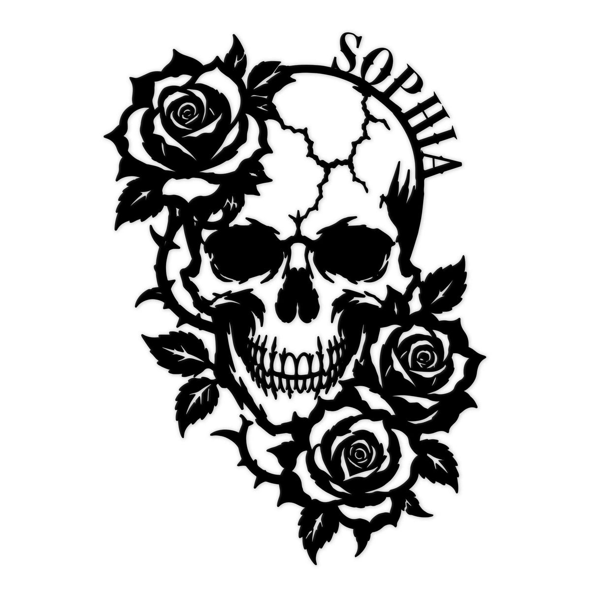 Gothic skull metal sign surrounded by detailed roses and leaves in a bold black cutout design