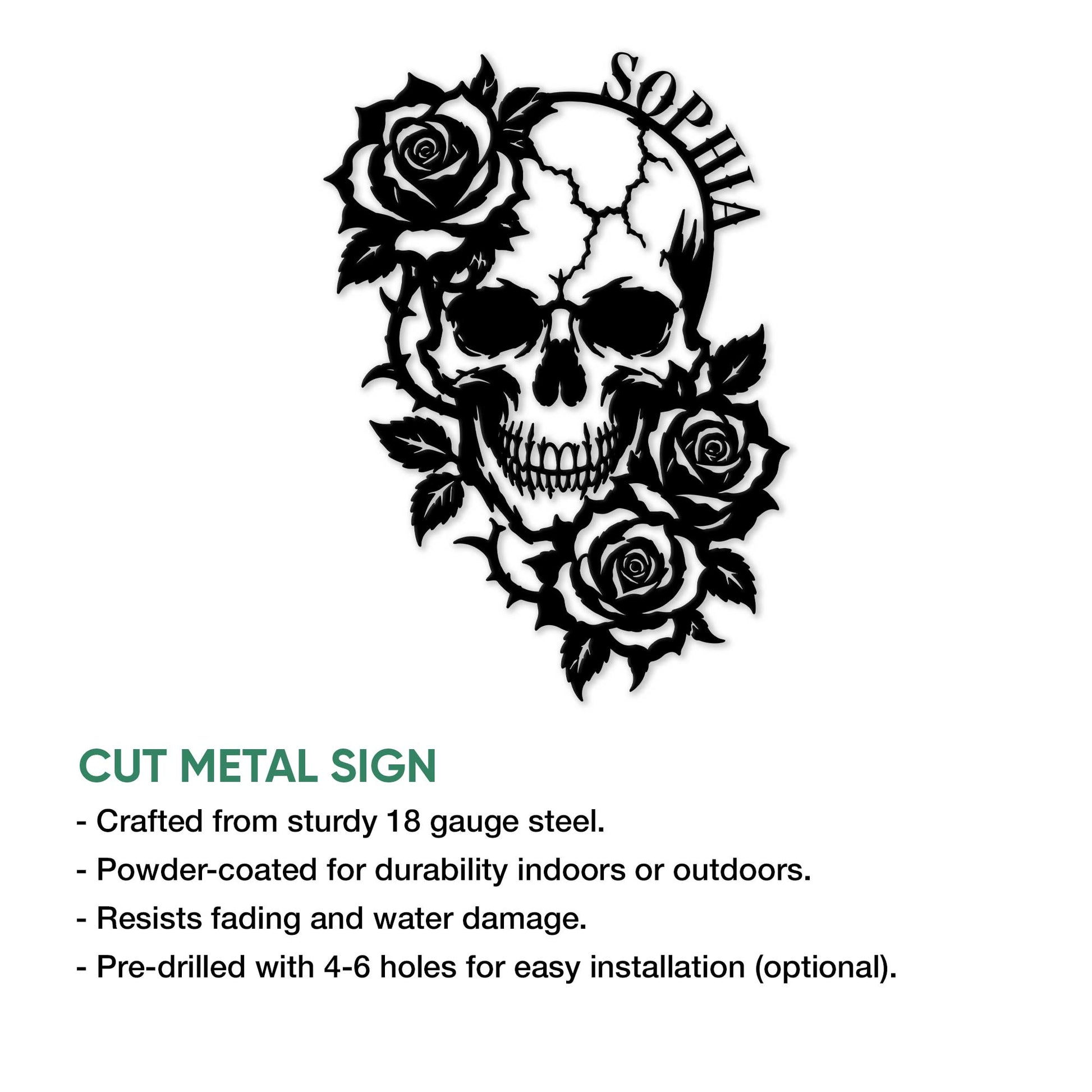 Gothic rose skull metal sign shown with cut-metal construction and indoor or outdoor display details