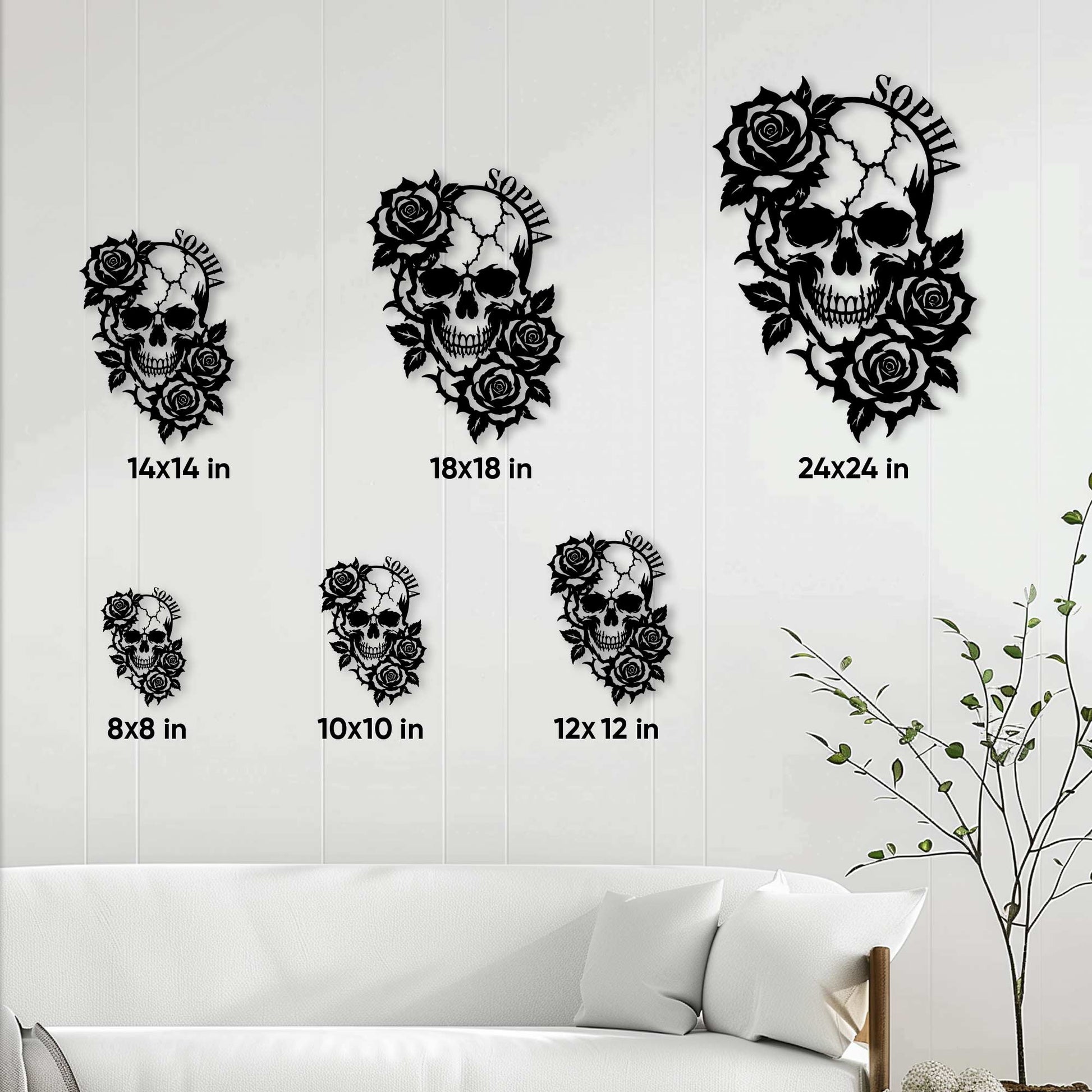 Gothic skull and rose metal sign shown in multiple size options from compact to large wall decor