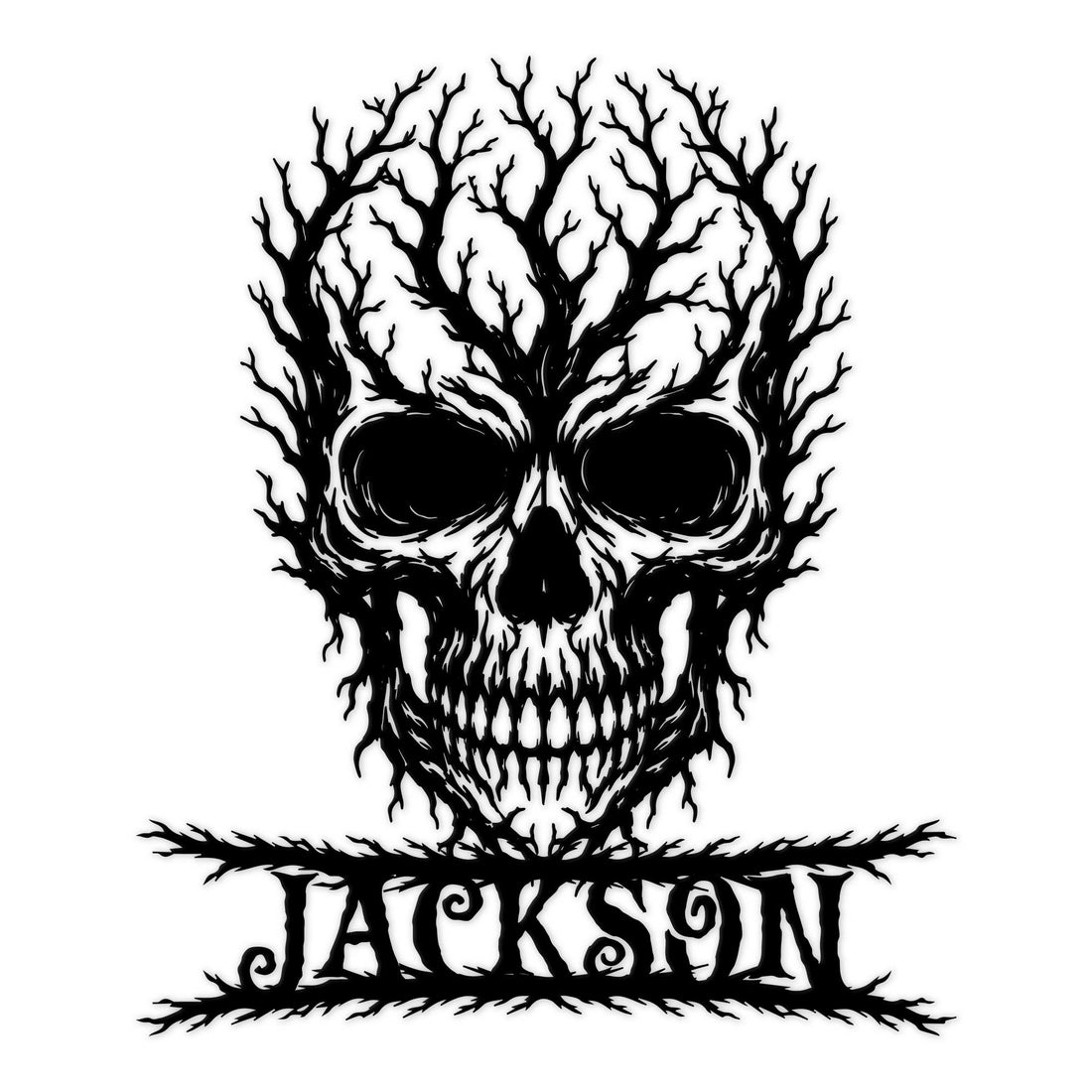 Gothic skull metal sign featuring a dramatic branching design and bold black cut-metal artwork