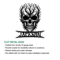 Cut metal sign feature graphic showing the gothic skull design and product information