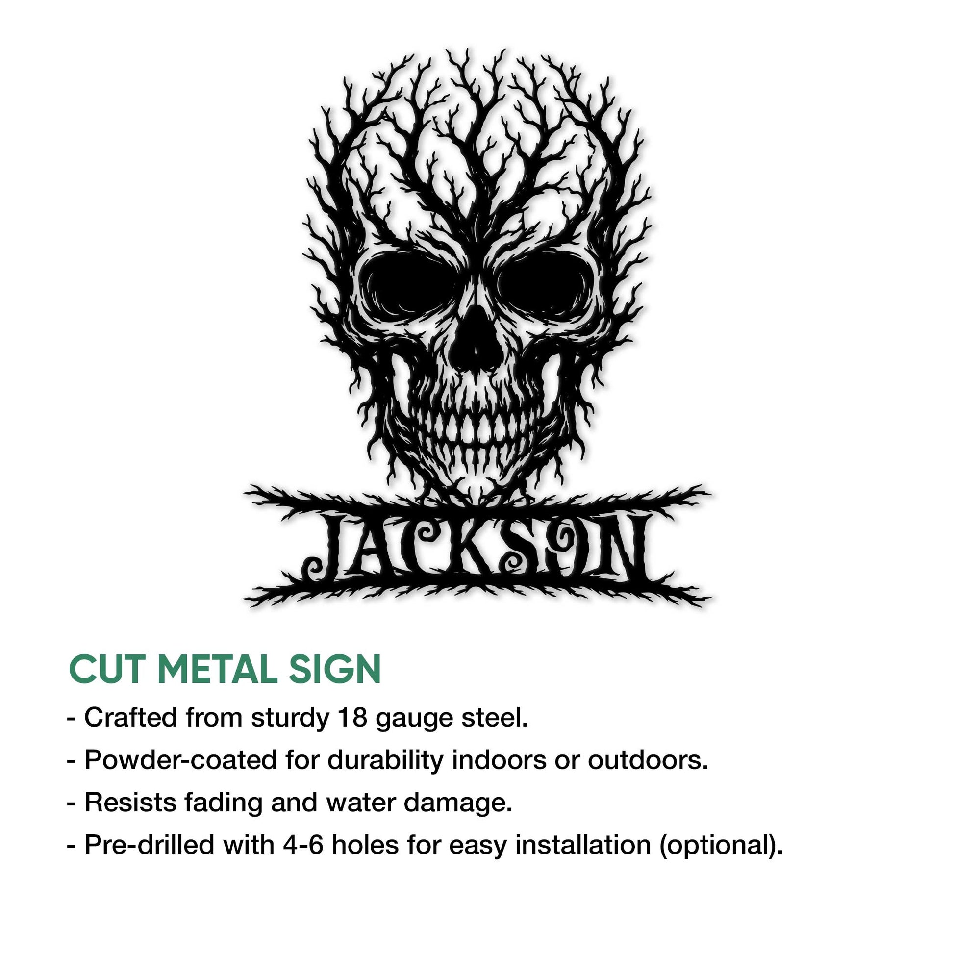 Cut metal sign feature graphic showing the gothic skull design and product information
