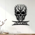 Gothic skull metal sign displayed as dark wall decor on a light paneled interior wall