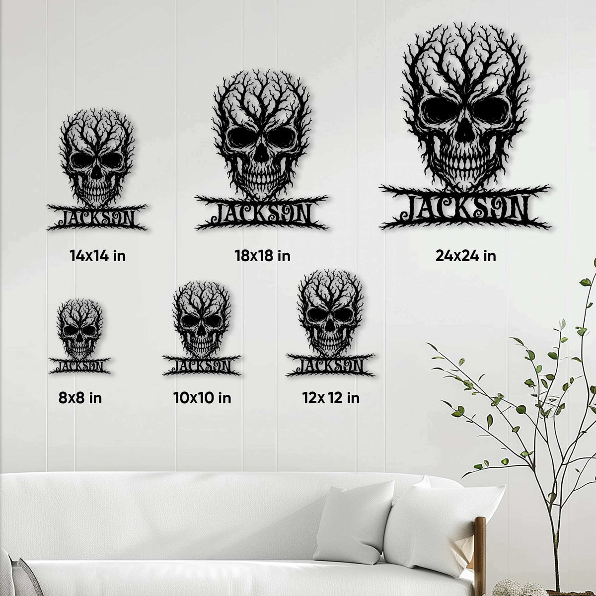Gothic skull metal sign size guide showing multiple available square size options