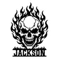 Custom skull metal sign featuring a grinning skull surrounded by bold black flames