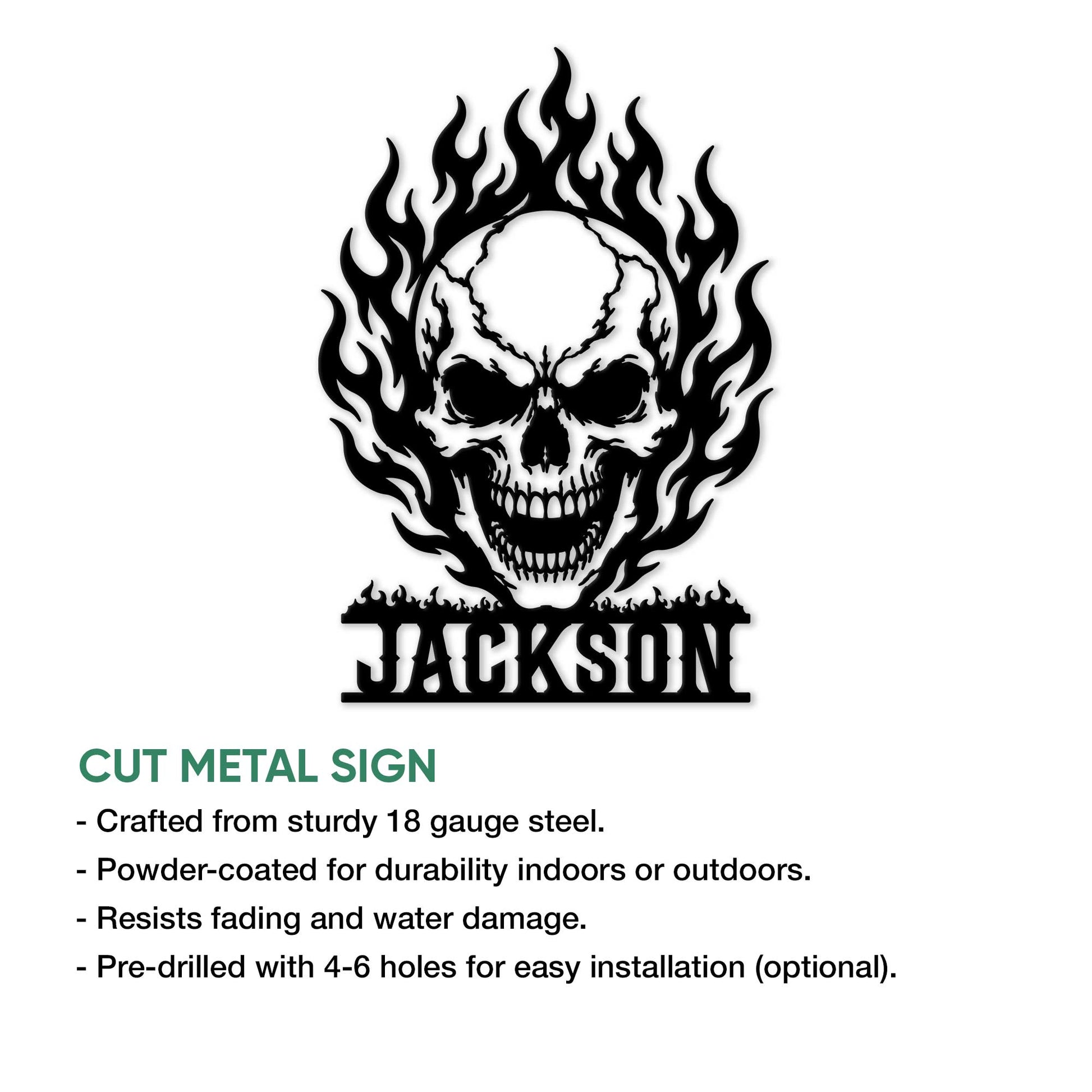Flaming skull cut metal sign feature graphic highlighting its dramatic design and display options