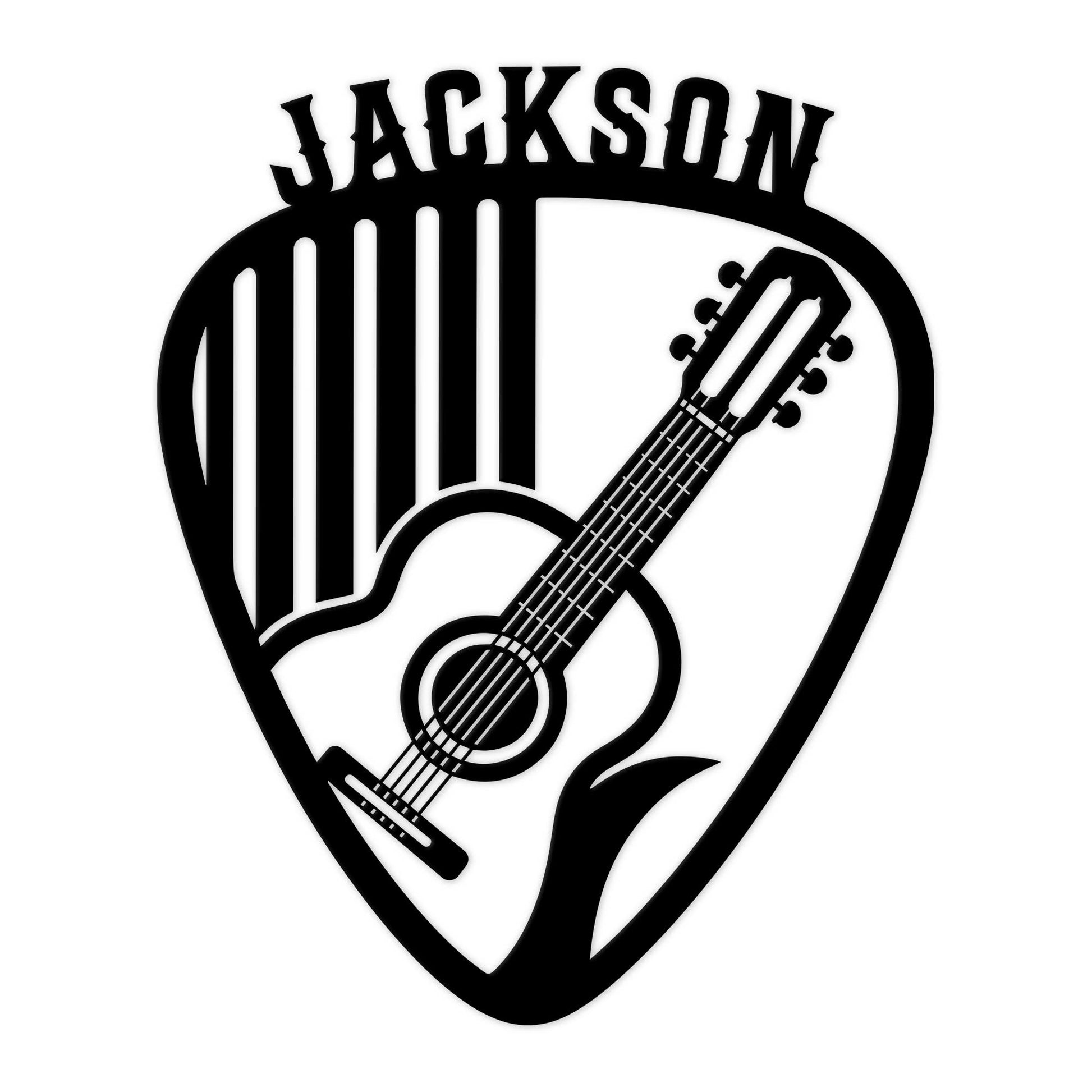 Black metal guitar pick sign featuring an acoustic guitar silhouette for music room wall decor
