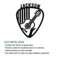 Acoustic guitar pick metal sign shown with cut-metal design and indoor or outdoor display features