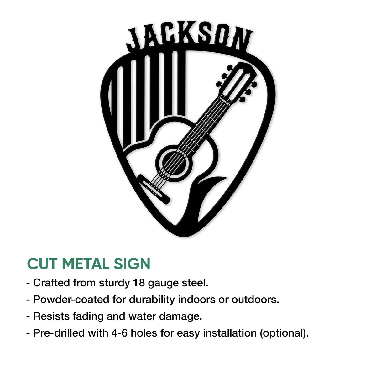 Acoustic guitar pick metal sign shown with cut-metal design and indoor or outdoor display features